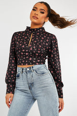 Black Floral Satin Cut Out Backless Crop Top - Cary