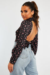 Black Floral Satin Cut Out Backless Crop Top - Cary