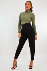 Khaki Ruffle Neck Bodysuit - Trudy