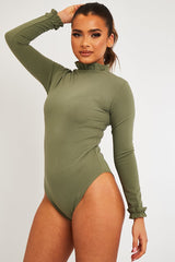 Khaki Ruffle Neck Bodysuit - Trudy