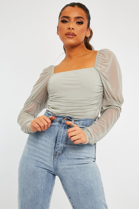 Grey Ruched Body Mesh Sleeve Bodysuit - Raeya