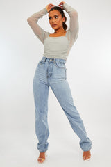 Grey Ruched Body Mesh Sleeve Bodysuit - Raeya