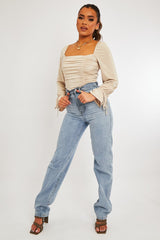 Stone Ruched Panel Tie Wrist Slinky Bodysuit - Elenna