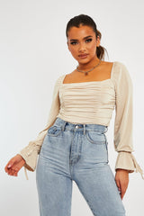 Stone Ruched Panel Tie Wrist Slinky Bodysuit - Elenna