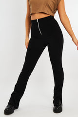 Black Ring Zip Front Split Side Crepe Trousers - Ashton