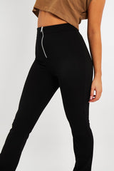 Black Ring Zip Front Split Side Crepe Trousers - Ashton