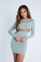 Sage Lace Up Detail Mini Dress - Tari