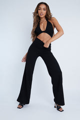 Black Halter Neck Crop Top + High Waist Flare Trouser Set - Sheri