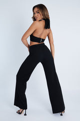Black Halter Neck Crop Top + High Waist Flare Trouser Set - Sheri