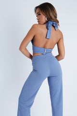 Blue Halter Neck Crop Top + High Waist Flare Trouser Set - Sheri