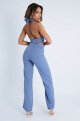 Blue Halter Neck Crop Top + High Waist Flare Trouser Set - Sheri