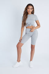 Grey Tie Front Cropped T-Shirt + Cycling Shorts Set - Neah
