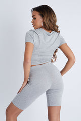 Grey Tie Front Cropped T-Shirt + Cycling Shorts Set - Neah