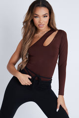 Chocolate Slinky Cut Out One Sleeve Bodysuit - Debby