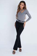 Black Ruched Waist Flare Trousers - Avanni