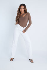 Mocha Slinky Cut Out One Sleeve Bodysuit - Debby