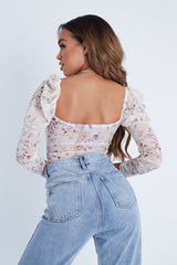 Cream Floral Puff Sleeve Bodysuit - Deana