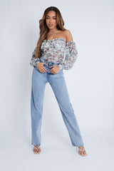 Green Floral Bardot Off The Shoulder Mesh Bodysuit - Hayle