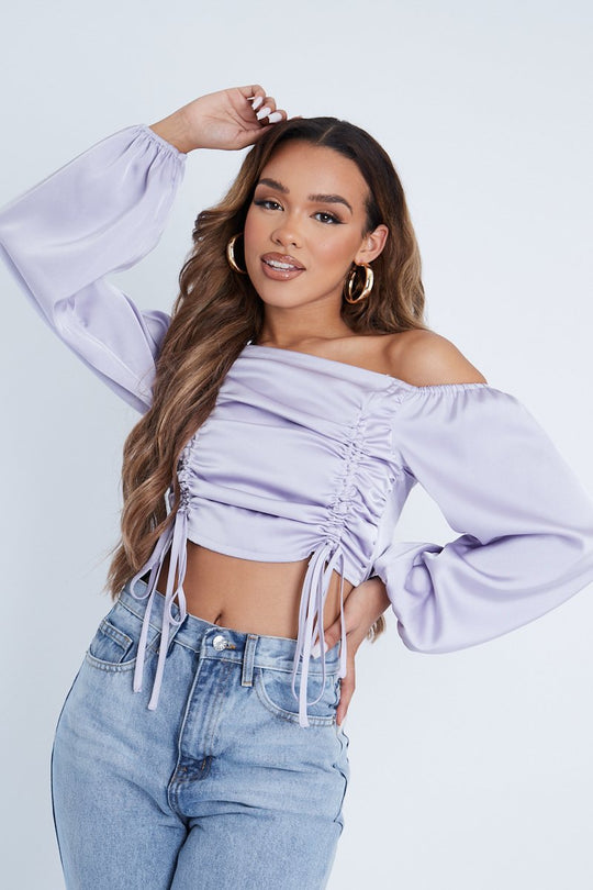 Lilac Off The Shoulder Front Ruching Crop Top - Maxie