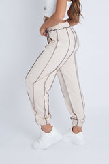 Beige Contrast Stitch Joggers - Roaa