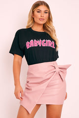 Pink Faux Leather Wrap Detail Mini Skirt - Carah