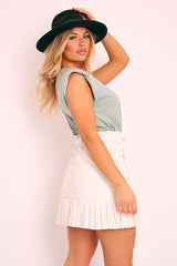 White Faux Leather Pleated Belted Mini Skirt - Bex