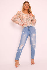Sage Nude Floral Puff Shoulder Crop Top - Aaleah