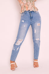 Light Blue Ripped Distress High Rise Mom Jeans - Haylin