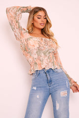 Sage Nude Floral Puff Shoulder Crop Top - Aaleah