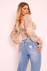 Sage Nude Floral Puff Shoulder Crop Top - Aaleah