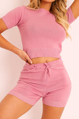 Pink Knit Crop Top Shorts Loungewear Set - Sofiah