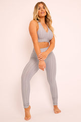 Grey Woven Ribbed Leggings and Crop Top Co-ord - Henli