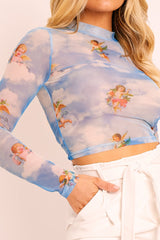 Blue Cherub Print Mesh High Neck Crop Top - Lucie