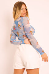 Blue Cherub Print Mesh High Neck Crop Top - Lucie