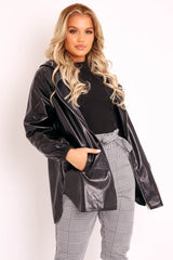 Black Faux Leather Hooded Jacket - Cerena