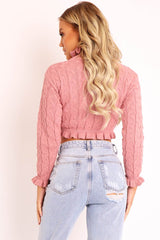 Pink Cable Knit Frill Neck Jumper - Jacie