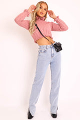 Pink Cable Knit Frill Neck Jumper - Jacie