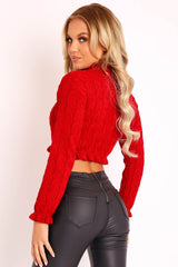 Red Cable Knit Frill Neck Jumper - Jacie