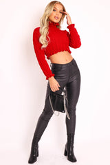 Red Cable Knit Frill Neck Jumper - Jacie