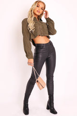 Khaki Corduroy Utility Pocket Cropped Shirt - Eliora