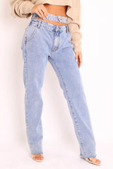 Blue Wash Denim Double Waist Mom Jeans - Dawn