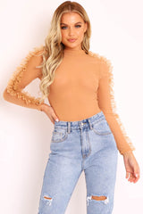 Nude Mesh High Neck Frill Sleeve Bodysuit - Carla
