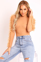 Nude Mesh High Neck Frill Sleeve Bodysuit - Carla