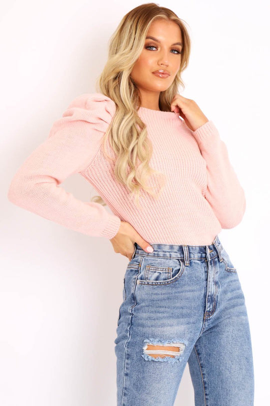 Pink Chunky Knit Puff Sleeve Jumper - Hannahmae