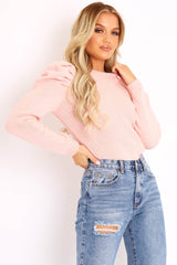 Pink Chunky Knit Puff Sleeve Jumper - Hannahmae
