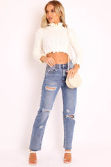 Cream Cable Knit Frill Neck Jumper - Jacie