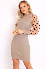 Light Khaki Polka Puff Sleeve Knit Ribbed Mini Dress - Amai