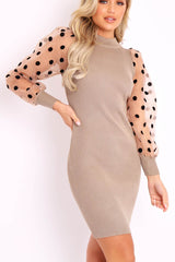 Light Khaki Polka Puff Sleeve Knit Ribbed Mini Dress - Amai