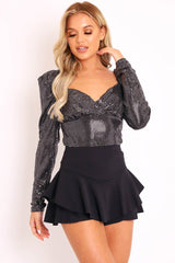 Silver Sequin Shoulder Pad Plunge Top - Fotini