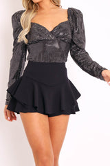 Silver Sequin Shoulder Pad Plunge Top - Fotini